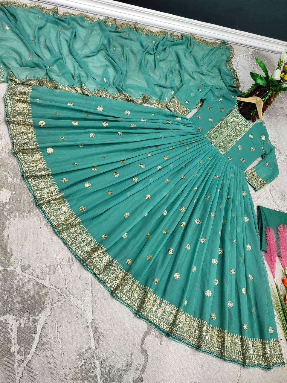 Mint Green Georgette Embroidery Salwar Suit with Dupatta - Indiakreations