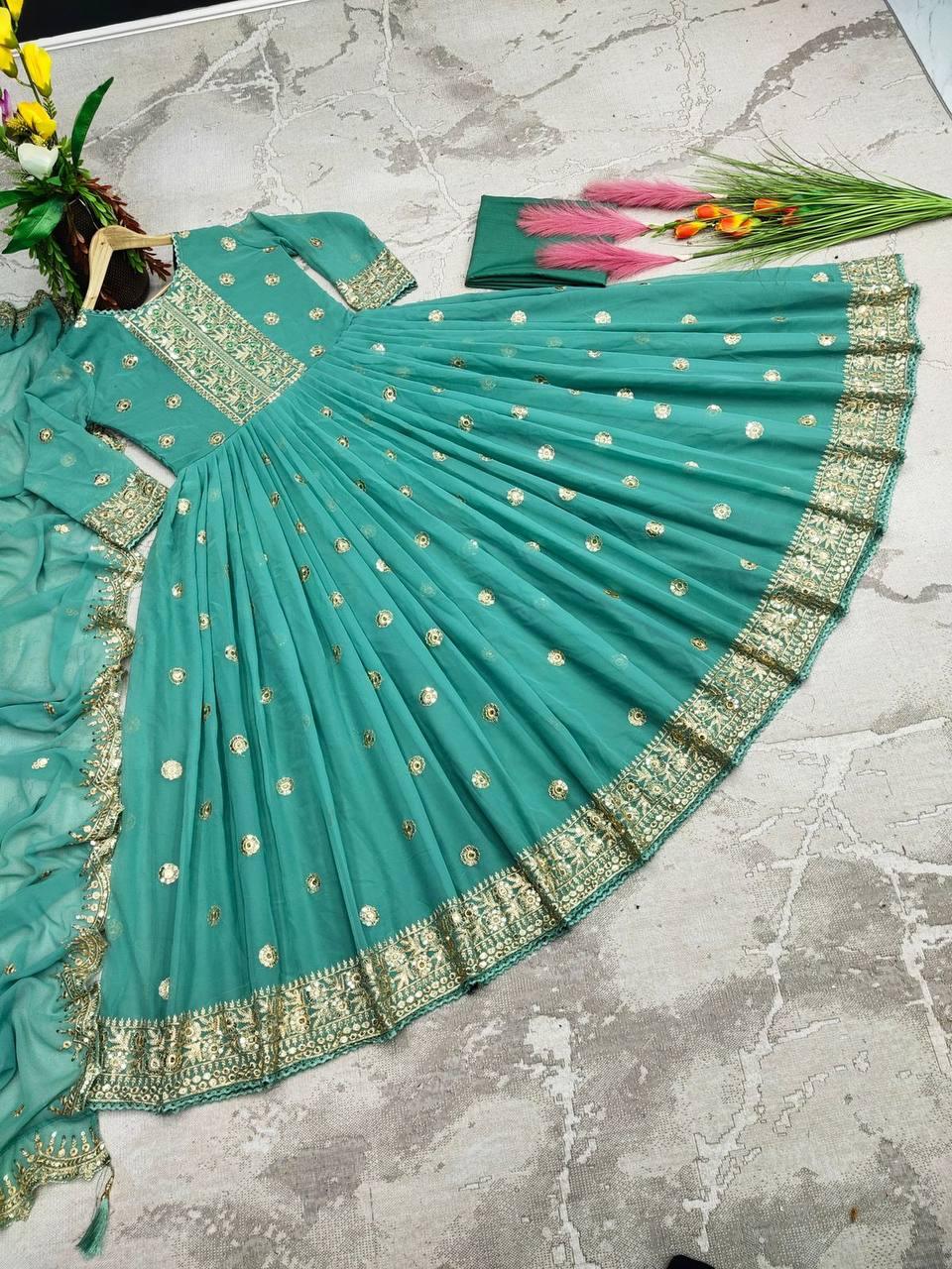 Mint Green Georgette Embroidery Salwar Suit with Dupatta - Indiakreations