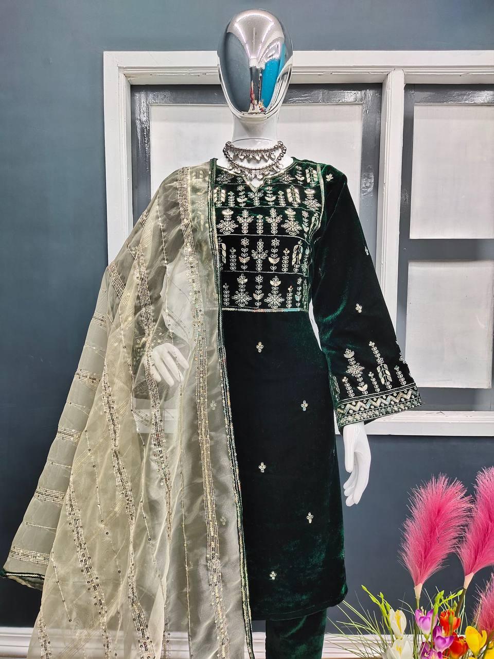 Bottel Green Velvet Embroidery Salwar Suit with Dupatta - Indiakreations