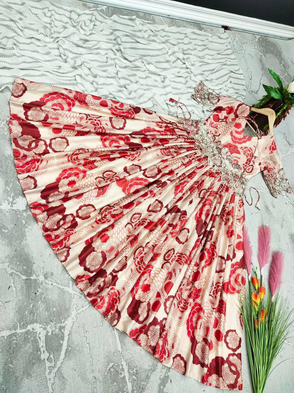 Red Chinon Silk Embroidery Salwar Suit with Dupatta - Indiakreations