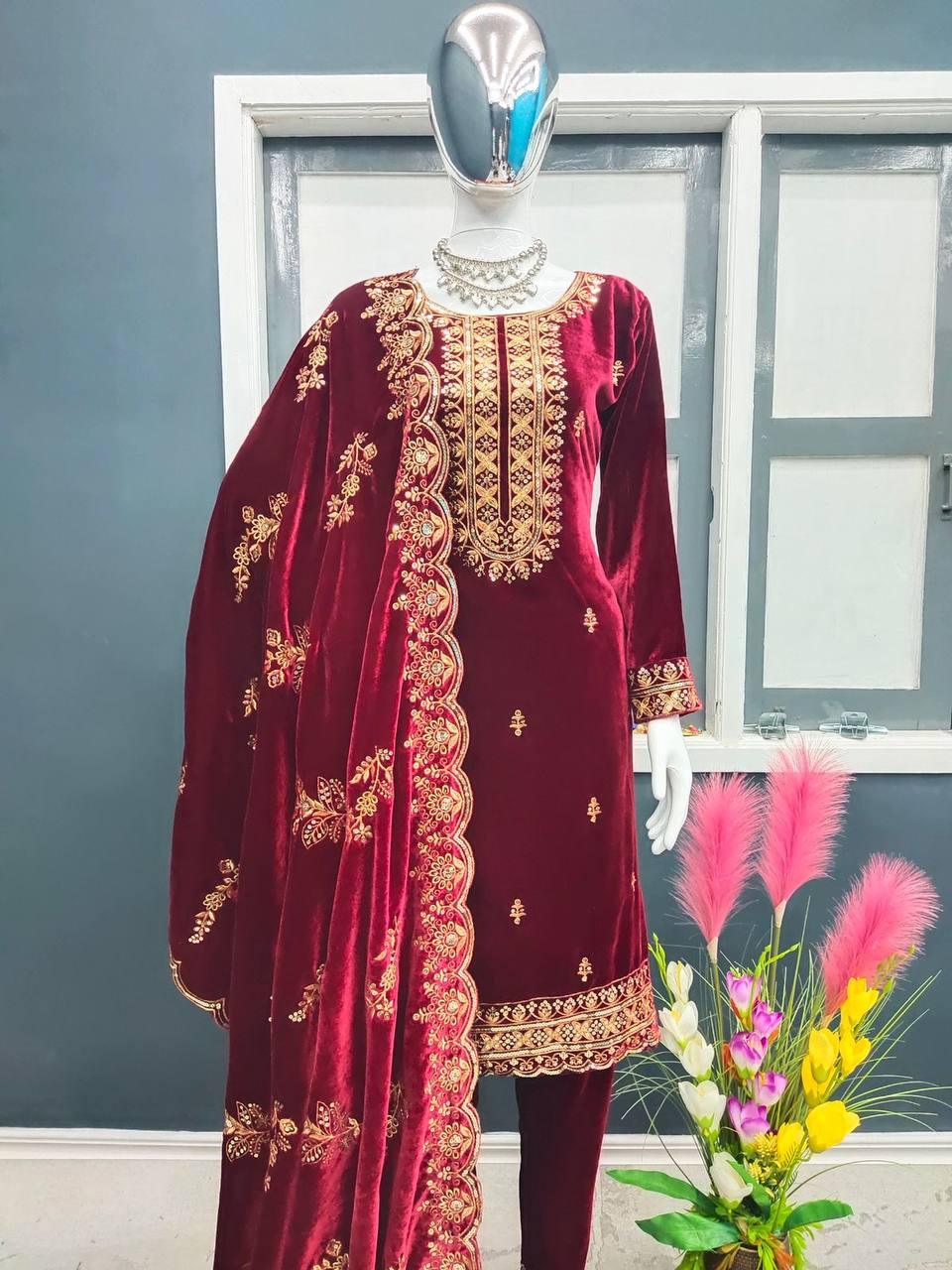 Purple Velvet Embroidery Salwar Suit with Dupatta - Indiakreations