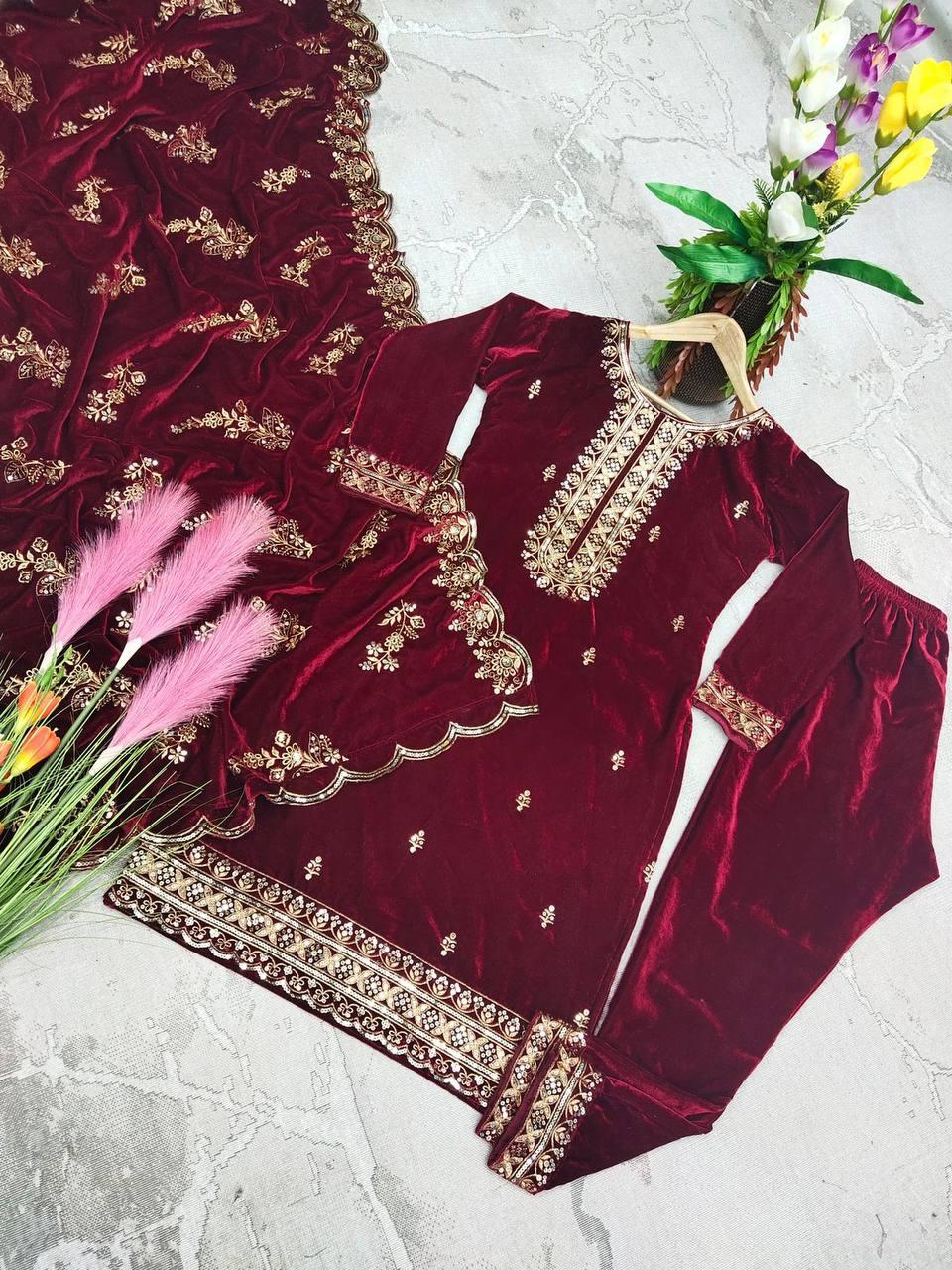 Purple Velvet Embroidery Salwar Suit with Dupatta - Indiakreations