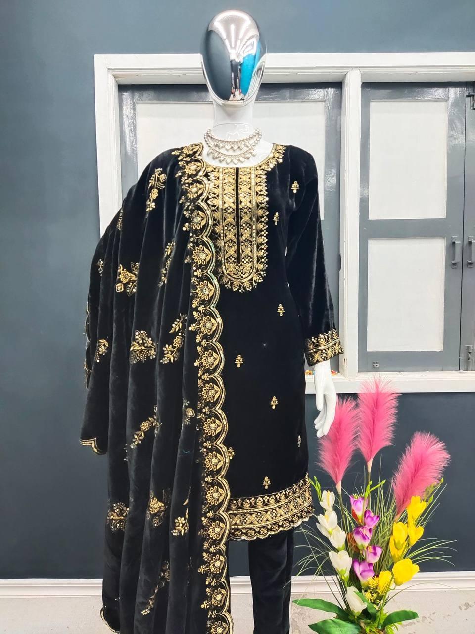 dark Blue Velvet Embroidery Salwar Suit with Dupatta - Indiakreations