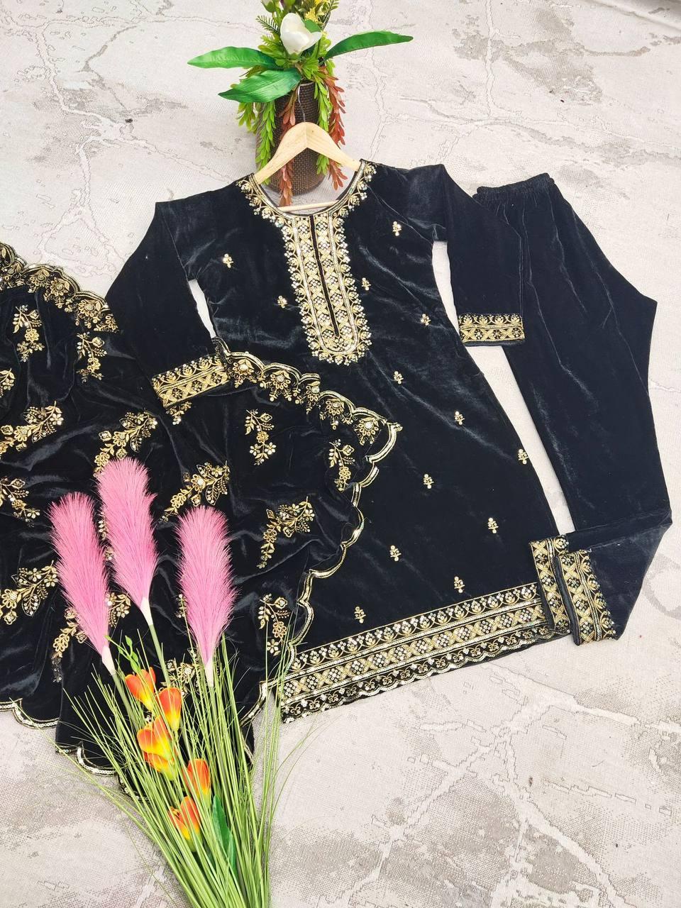 dark Blue Velvet Embroidery Salwar Suit with Dupatta - Indiakreations