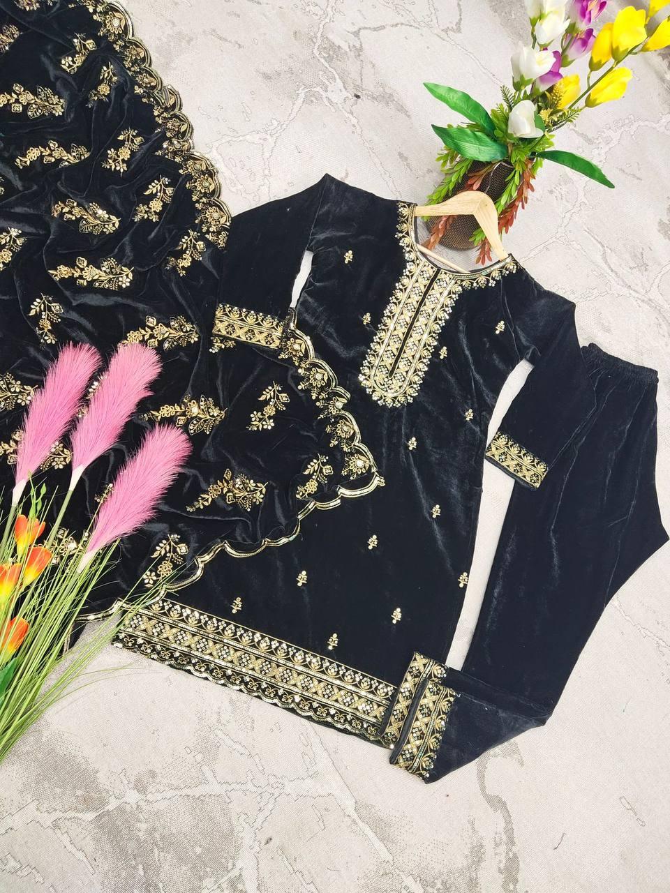 dark Blue Velvet Embroidery Salwar Suit with Dupatta - Indiakreations