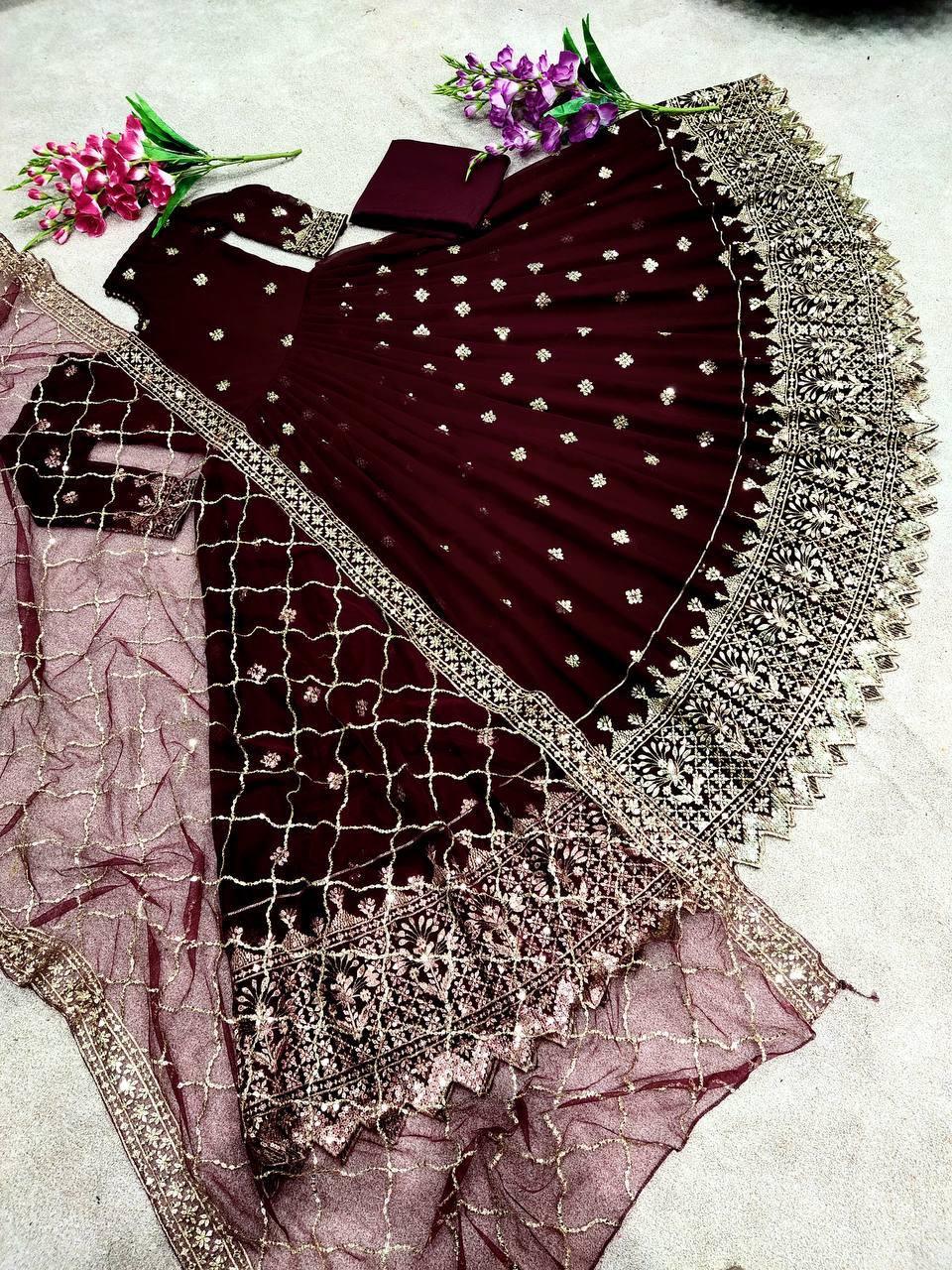 Maroon Georgette Embroidery Salwar Suit with Dupatta - Indiakreations