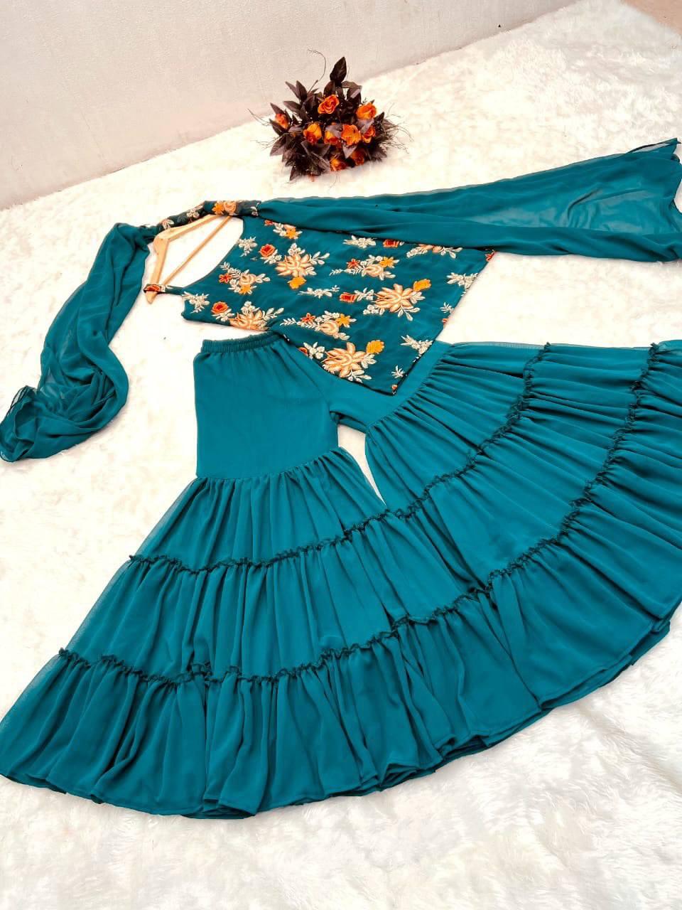 Aqua Blue Georgette Embroidery Salwar Suit with Dupatta - Indiakreations