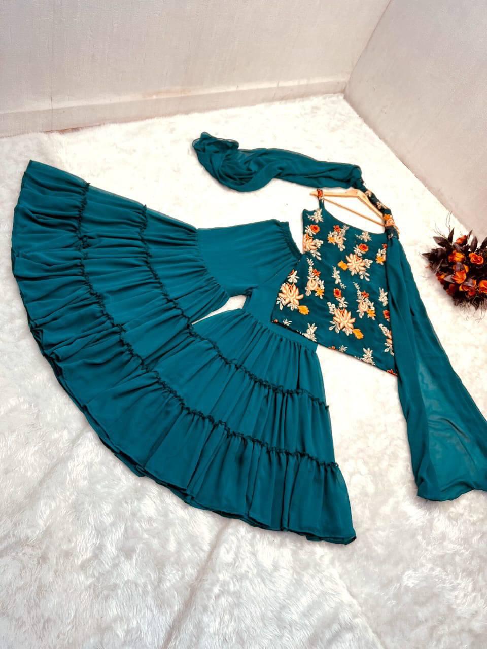 Aqua Blue Georgette Embroidery Salwar Suit with Dupatta - Indiakreations