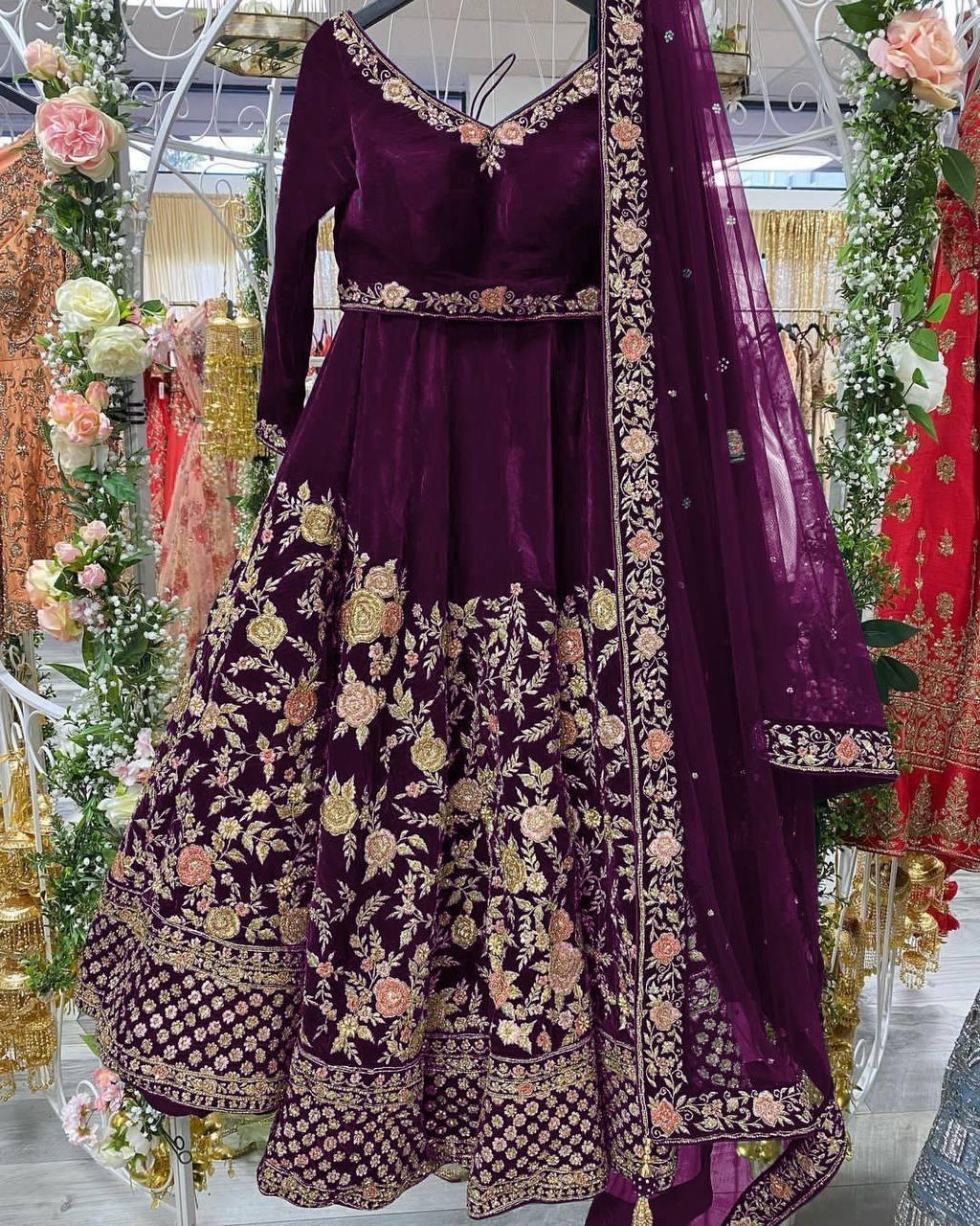 Purple Velvet Embroidery Lehenga Choli with Dupatta - Indiakreations