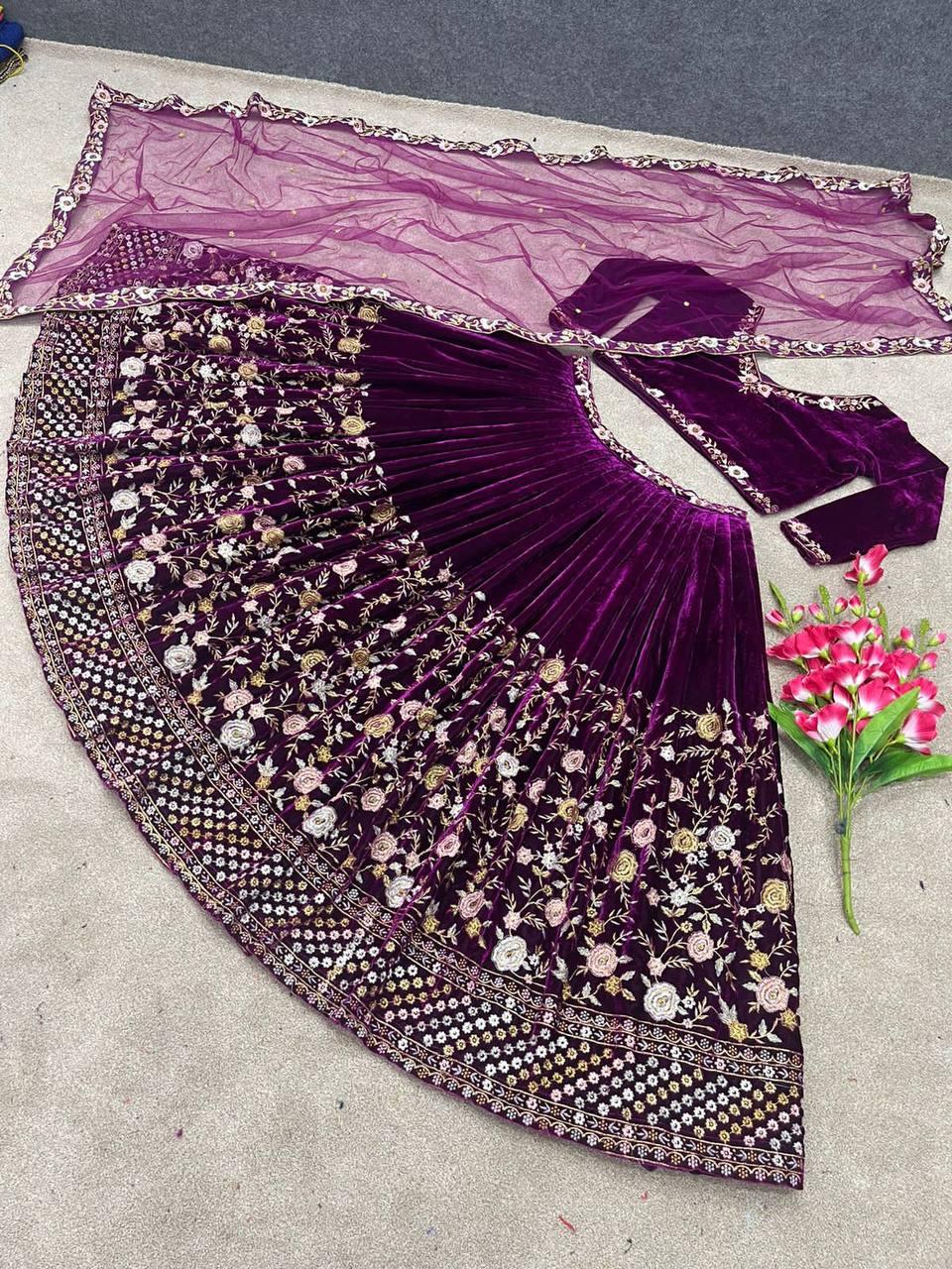 Purple Velvet Embroidery Lehenga Choli with Dupatta - Indiakreations