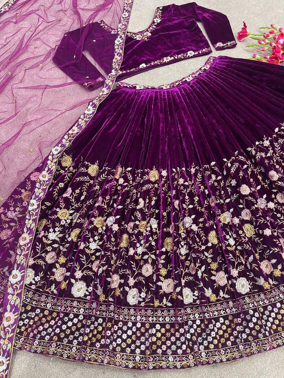 Purple Velvet Embroidery Lehenga Choli with Dupatta - Indiakreations