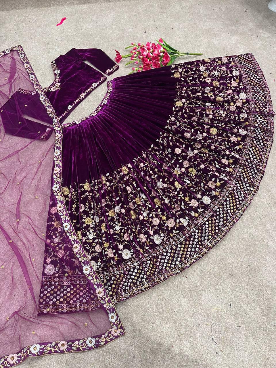 Purple Velvet Embroidery Lehenga Choli with Dupatta - Indiakreations