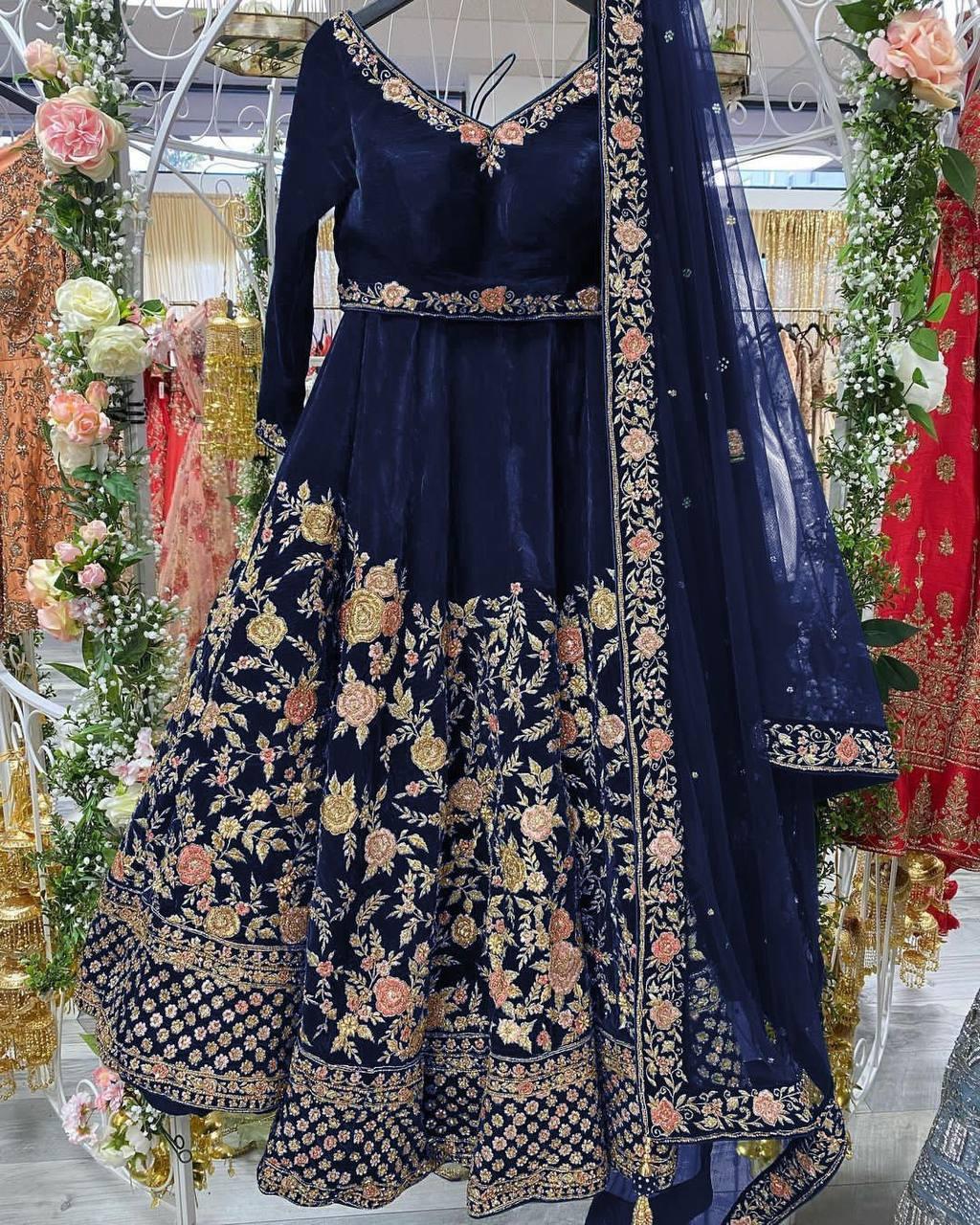 Blue Velvet Embroidery Lehenga Choli with Dupatta - Indiakreations