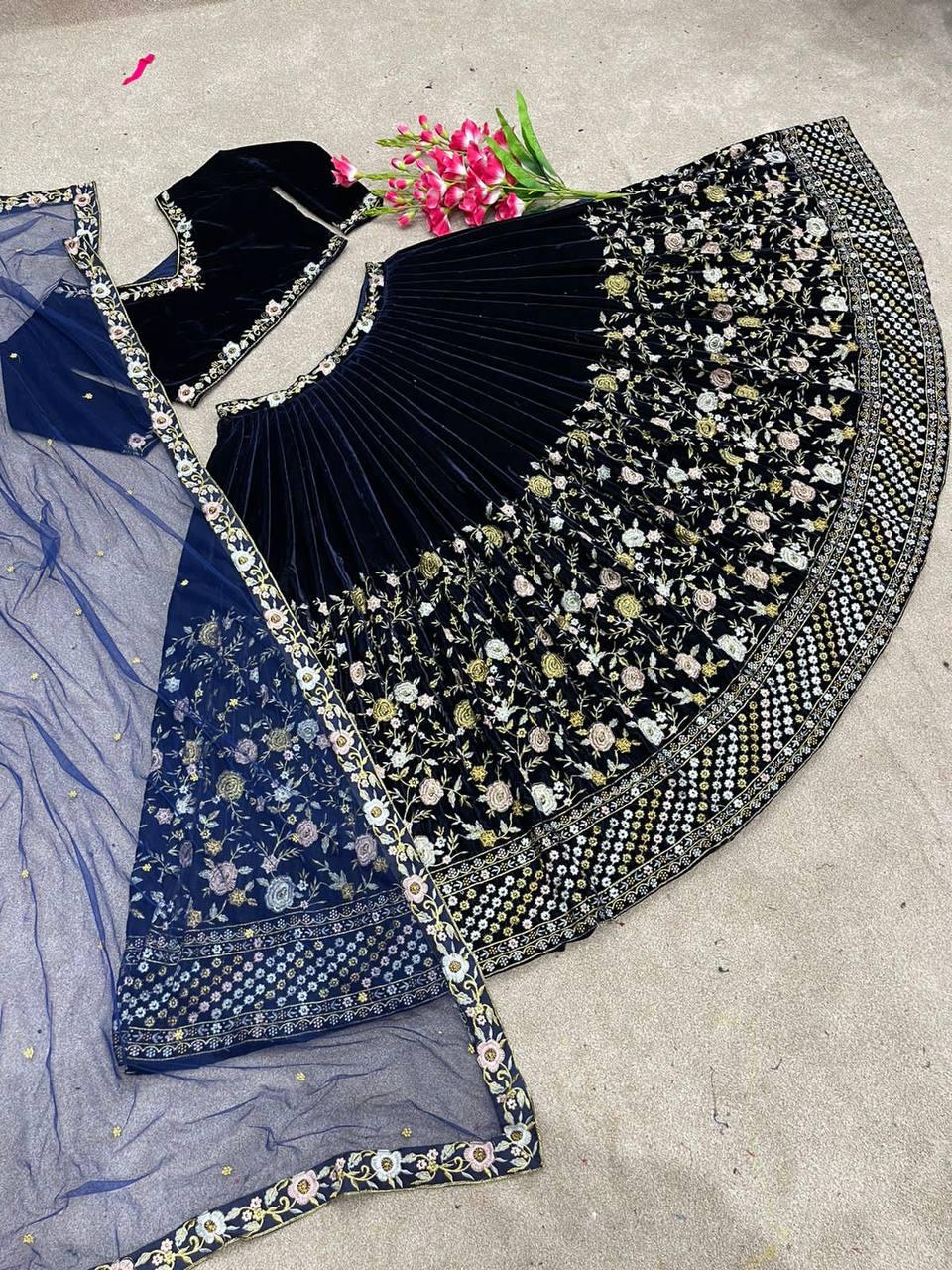 Blue Velvet Embroidery Lehenga Choli with Dupatta - Indiakreations