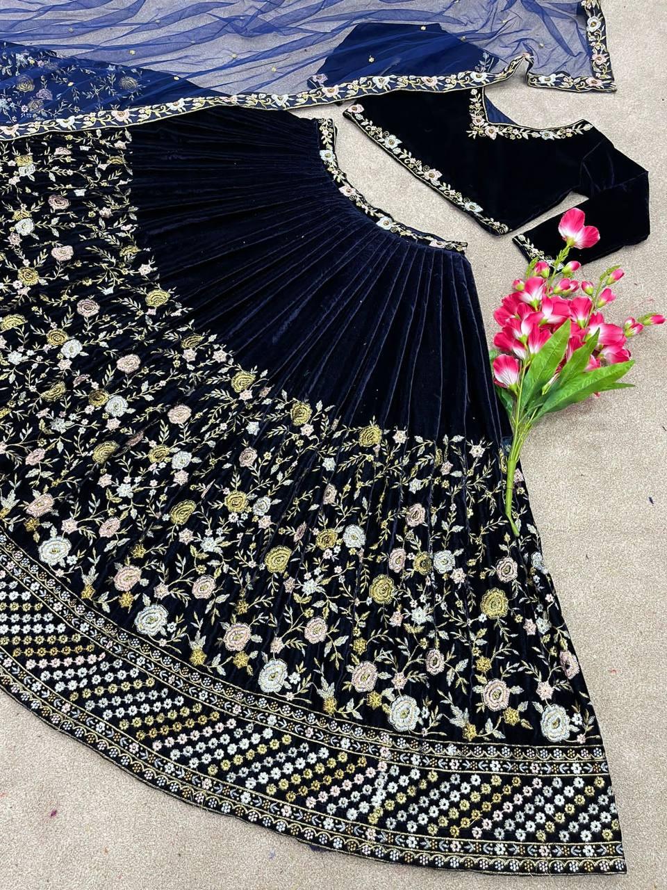 Blue Velvet Embroidery Lehenga Choli with Dupatta - Indiakreations