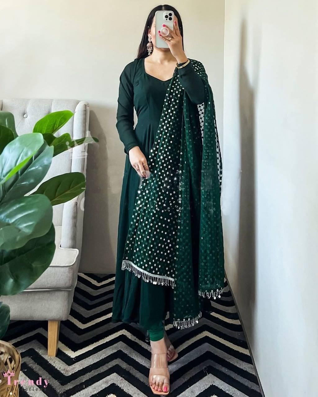 Dark Green Georgette Embroidery Salwar Suit with Dupatta - Indiakreations