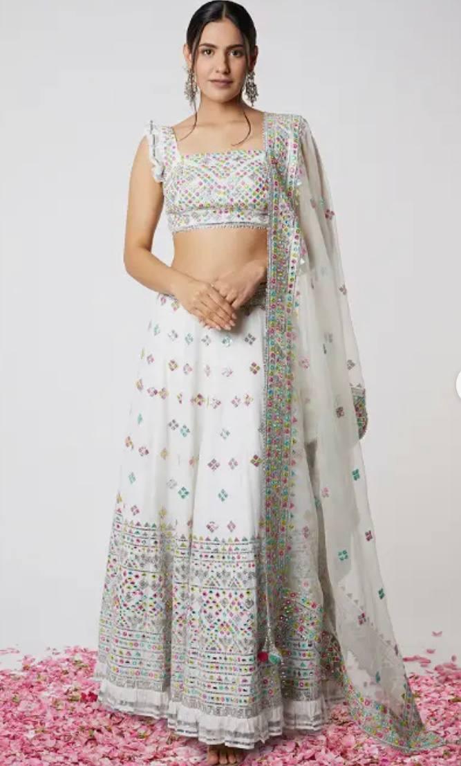 White Georgette Embroidery Lehenga Choli with Dupatta - Indiakreations