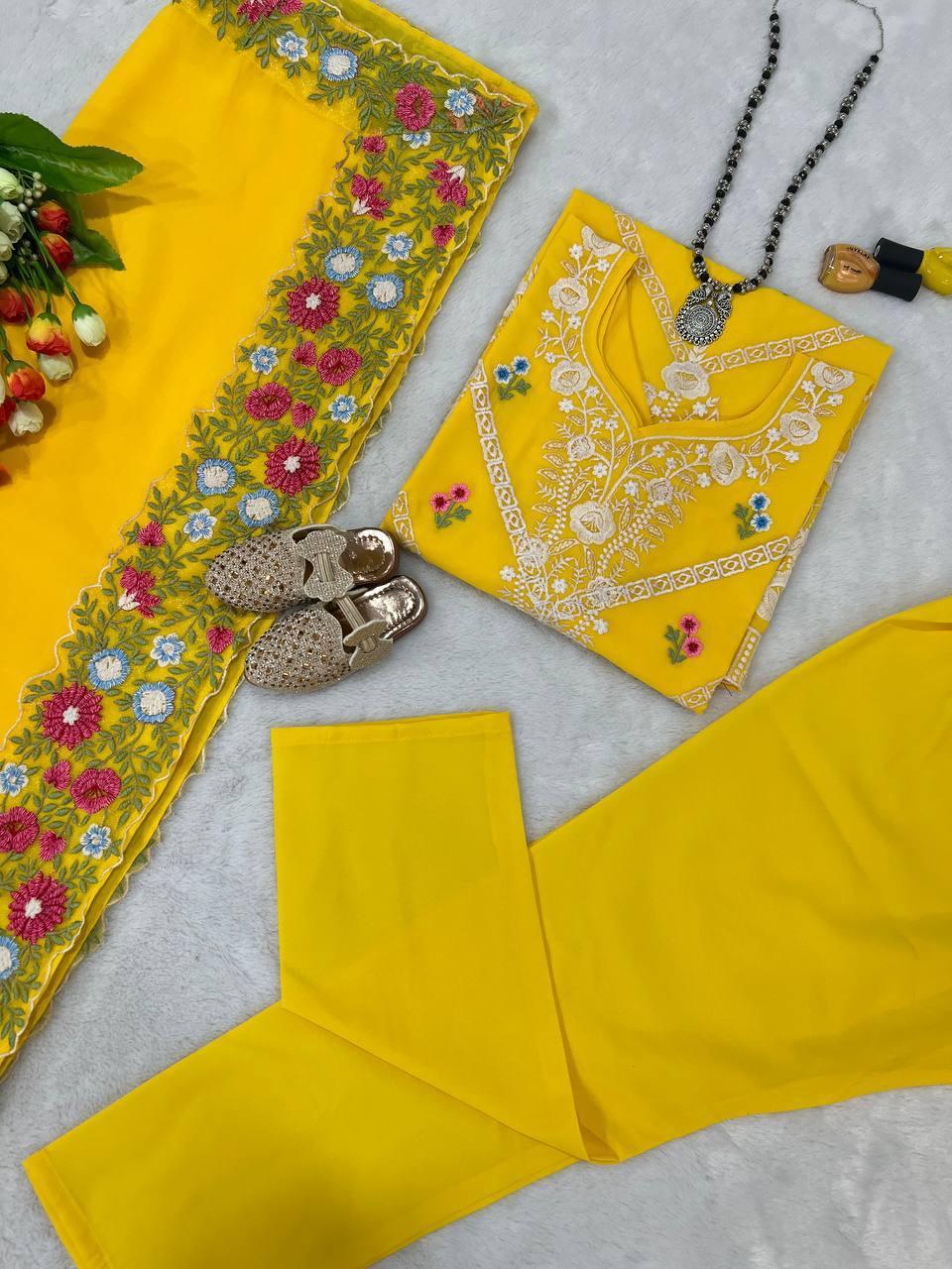 Yellow Georgette Embroidery Salwar Suit with Dupatta - Indiakreations