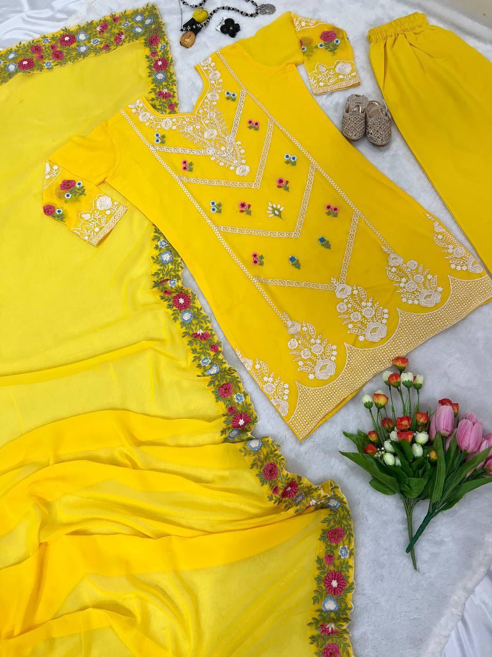 Yellow Georgette Embroidery Salwar Suit with Dupatta - Indiakreations