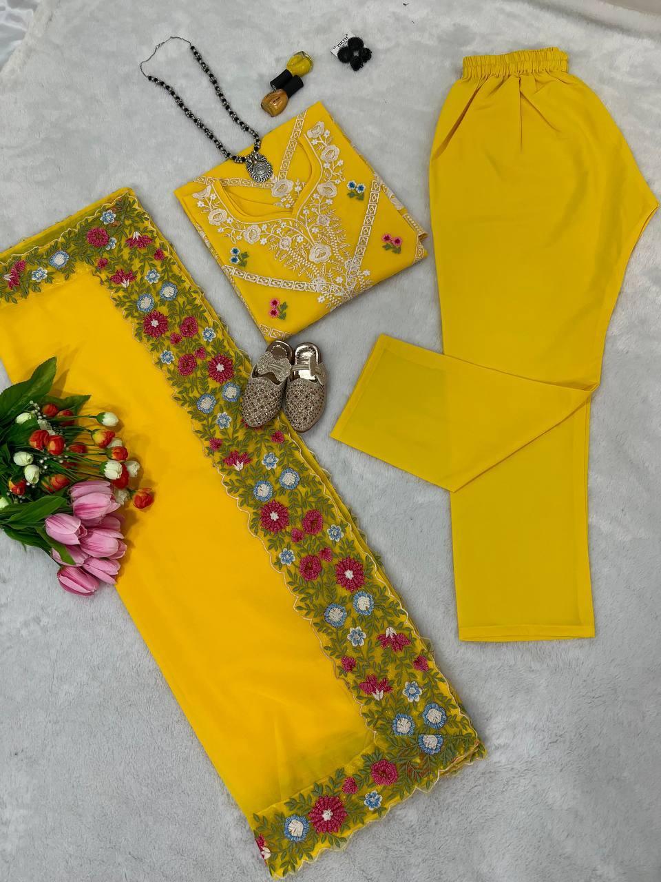 Yellow Georgette Embroidery Salwar Suit with Dupatta - Indiakreations