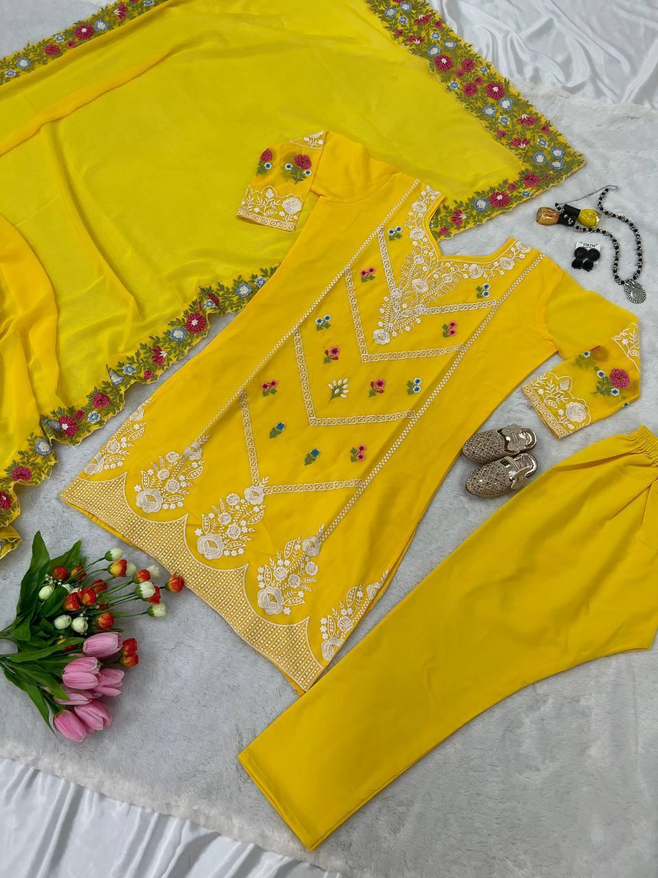 Yellow Georgette Embroidery Salwar Suit with Dupatta - Indiakreations