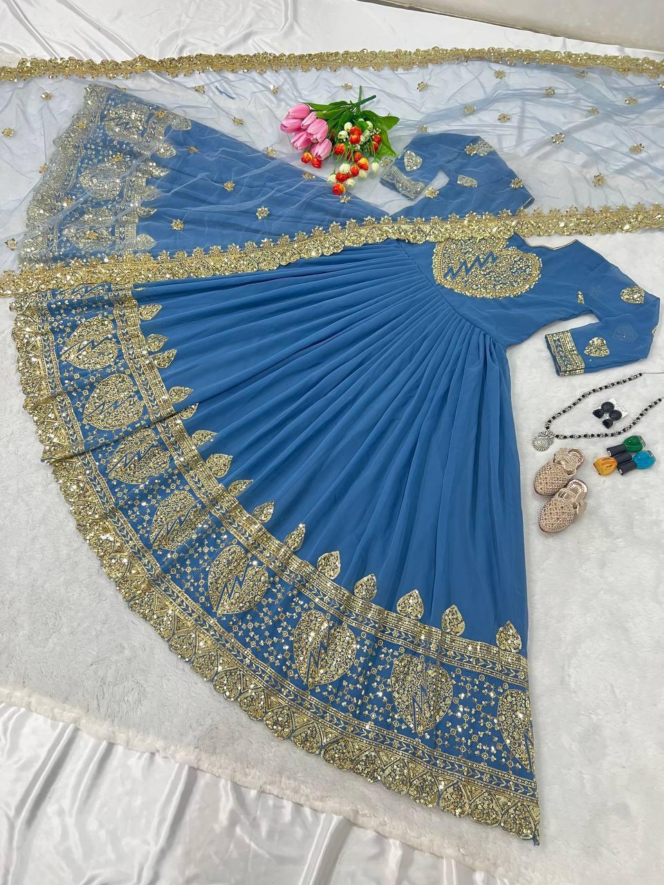 Blue Georgette Embroidery Salwar Suit with Dupatta - Indiakreations