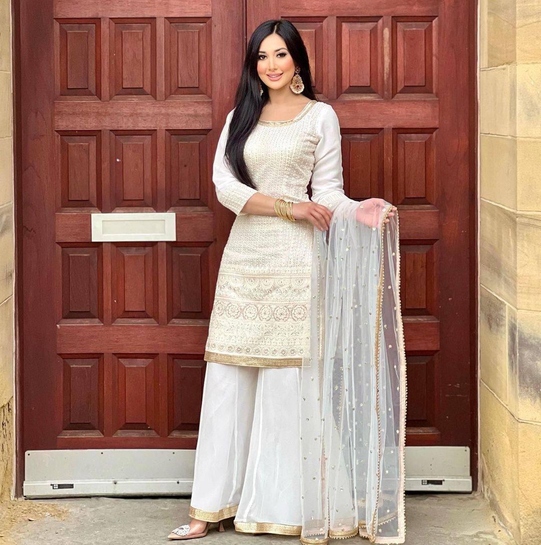 White Georgette Embroidery Salwar Suit with Dupatta - Indiakreations