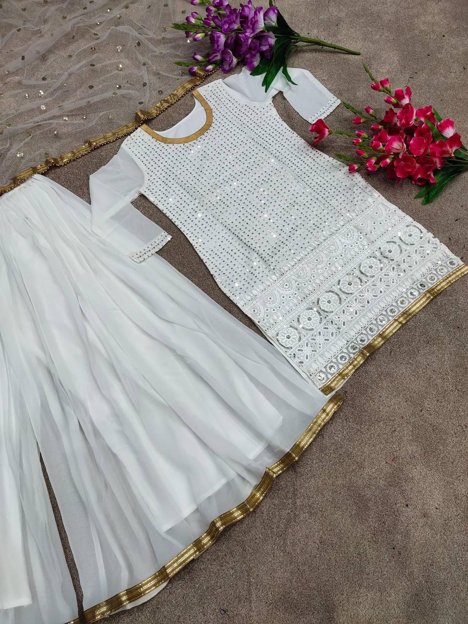 White Georgette Embroidery Salwar Suit with Dupatta - Indiakreations