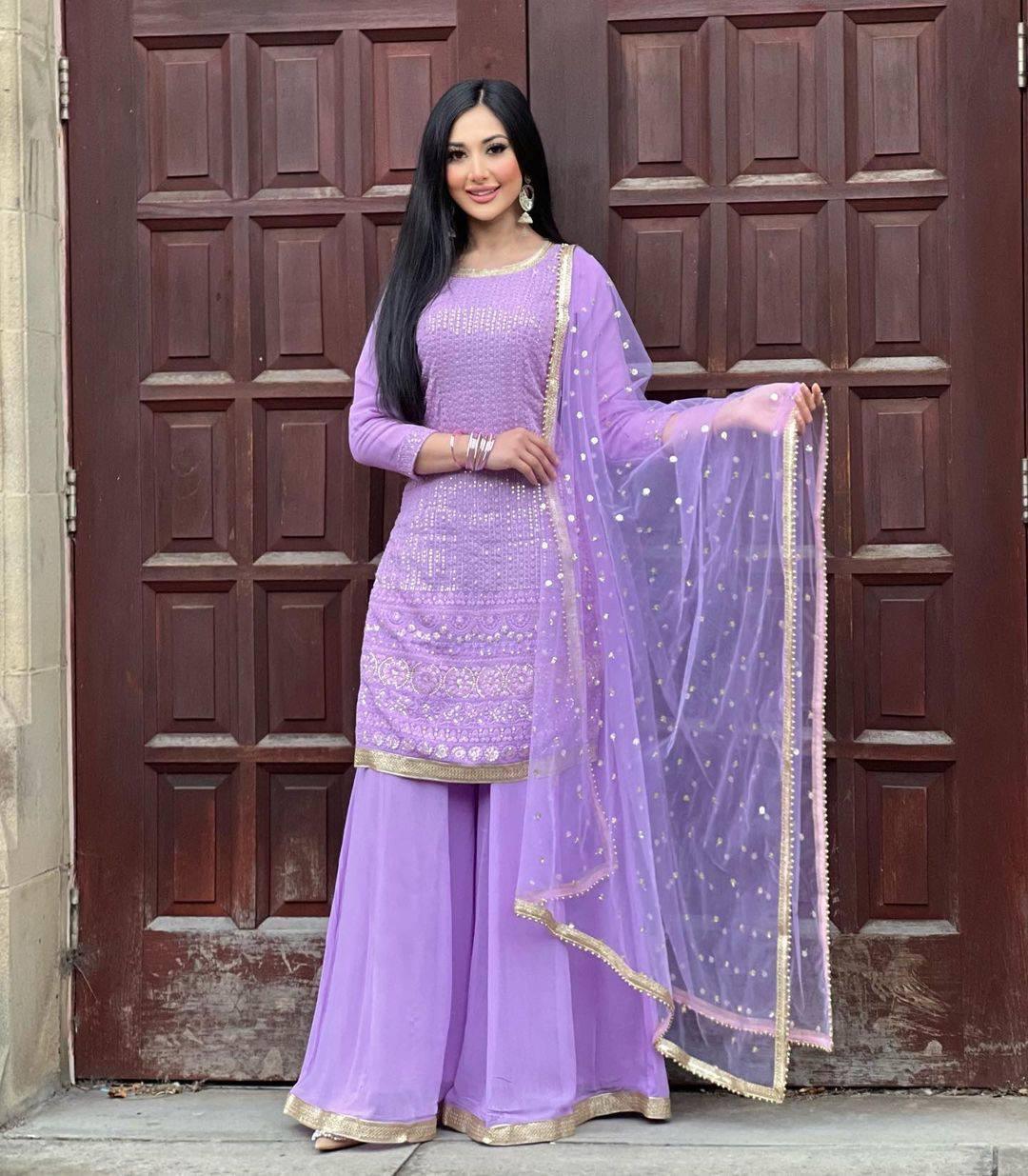 Pastel Purple Georgette Embroidery Salwar Suit with Dupatta - Indiakreations