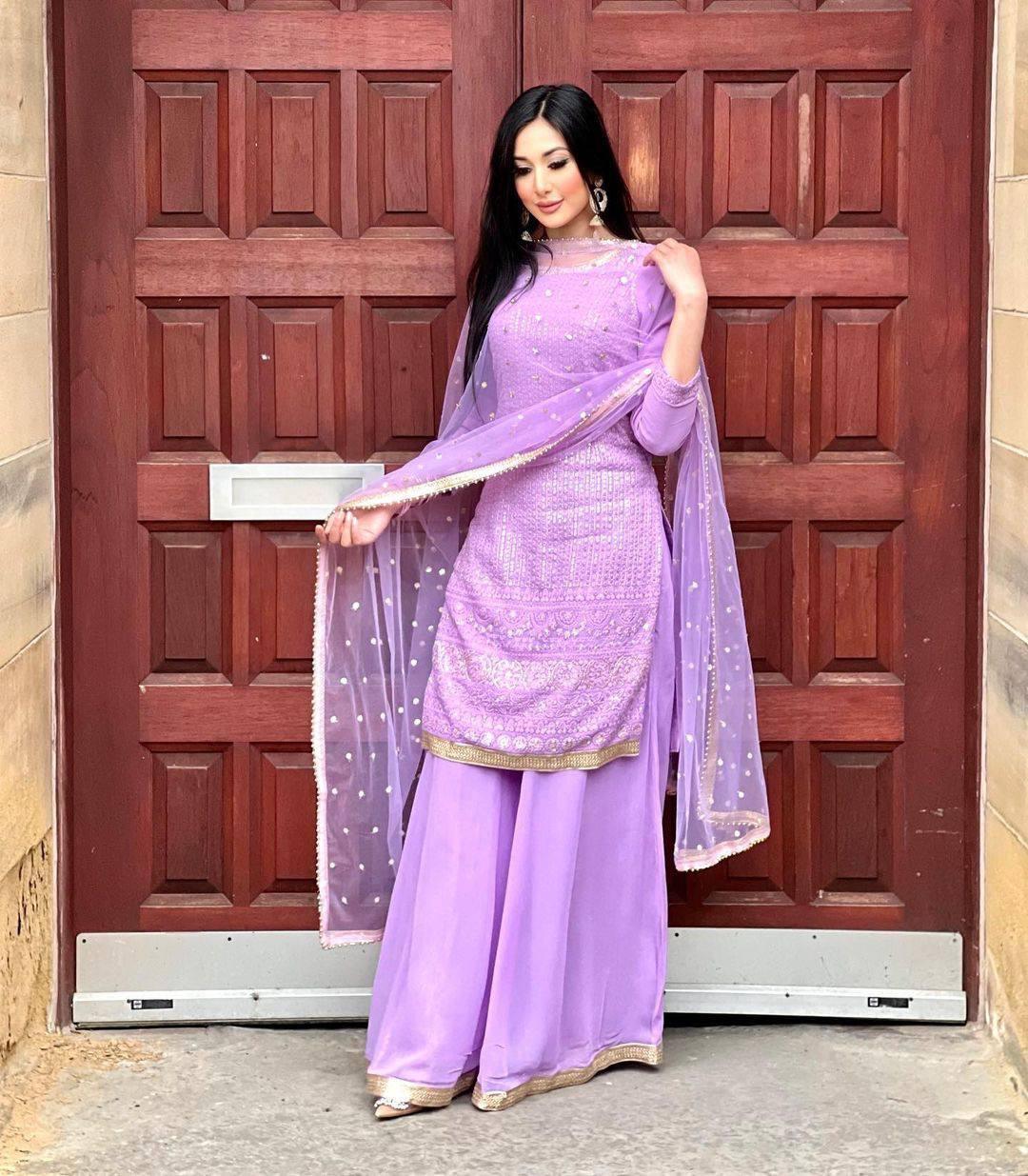 Pastel Purple Georgette Embroidery Salwar Suit with Dupatta - Indiakreations