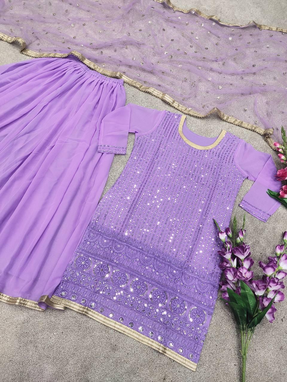 Pastel Purple Georgette Embroidery Salwar Suit with Dupatta - Indiakreations