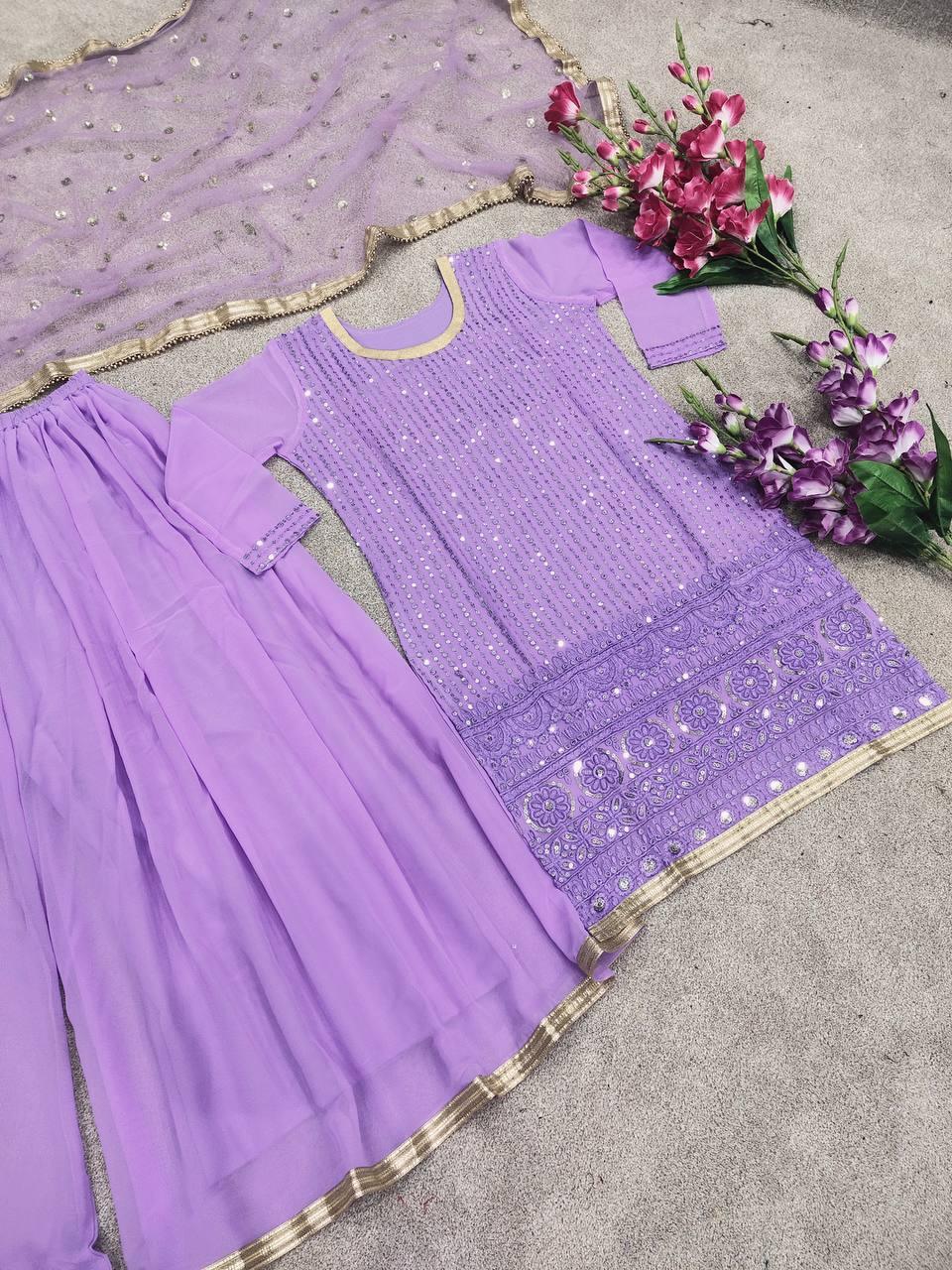 Pastel Purple Georgette Embroidery Salwar Suit with Dupatta - Indiakreations