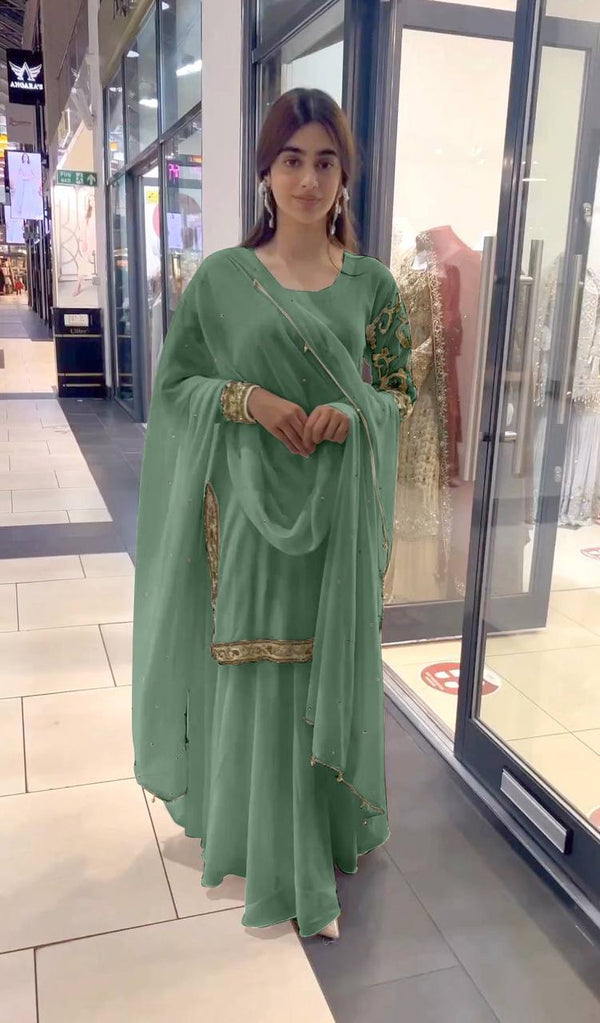 Green Georgette Embroidery Salwar Suit With Dupatta Set