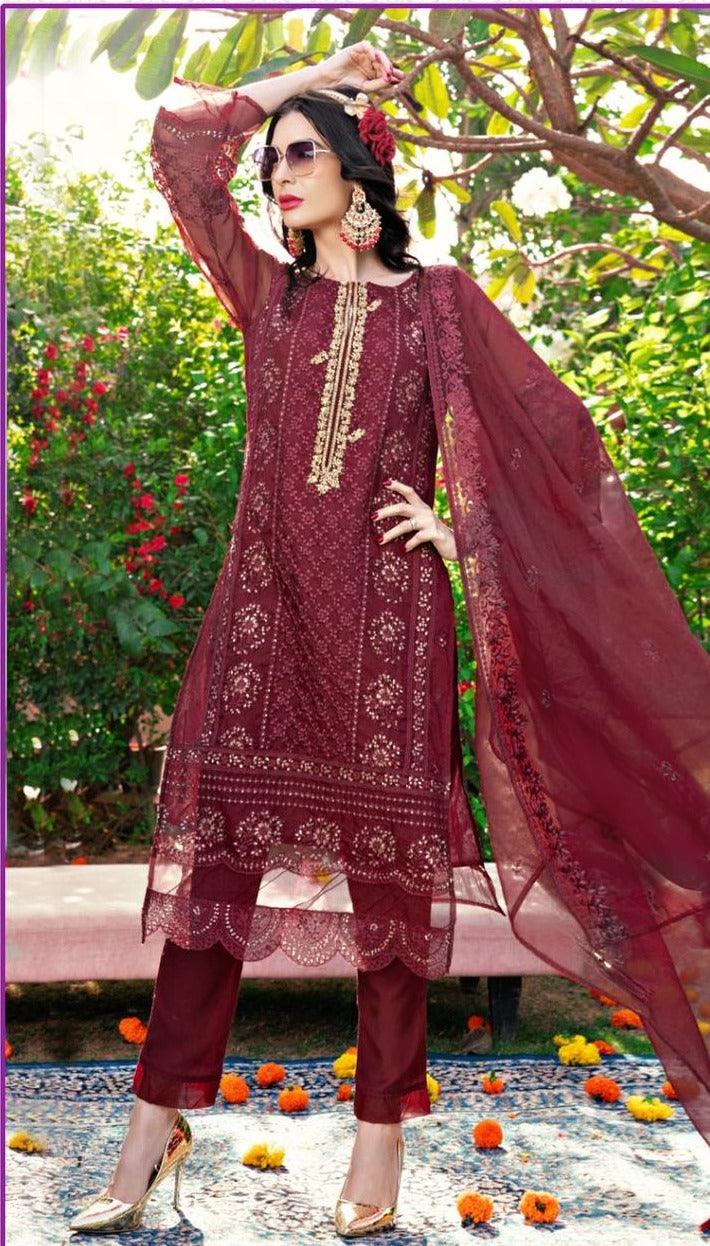 Maroon Organza Embroidery Anarkali With Dupatta Set - Indiakreations