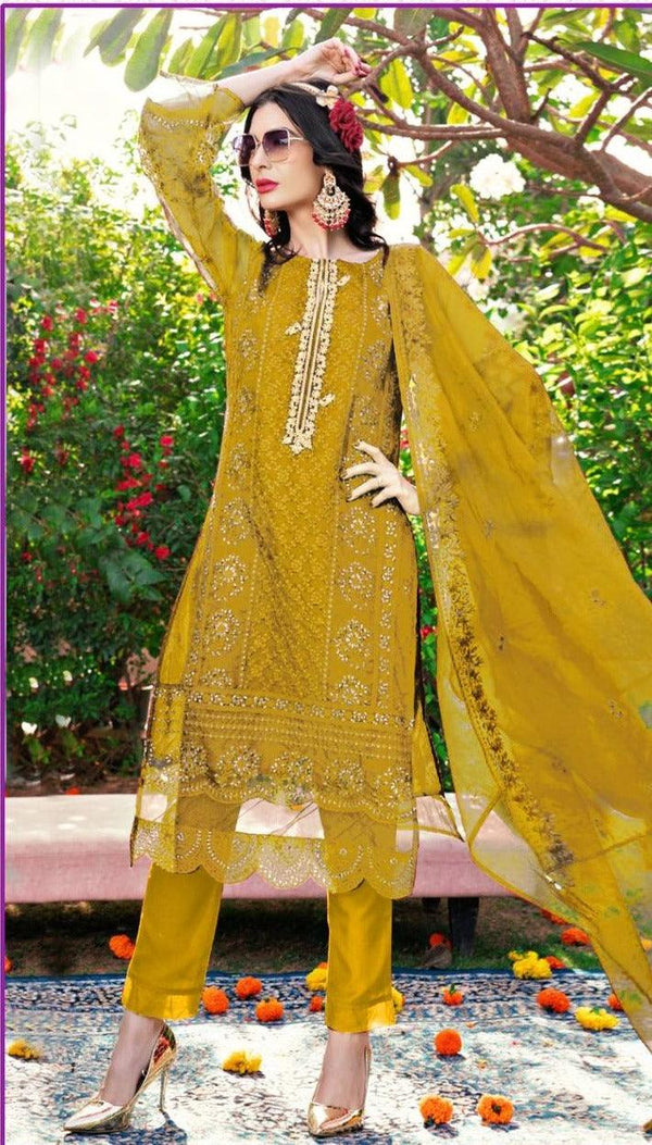 Ochre Organza Embroidery Anarkali With Dupatta Set - Indiakreations