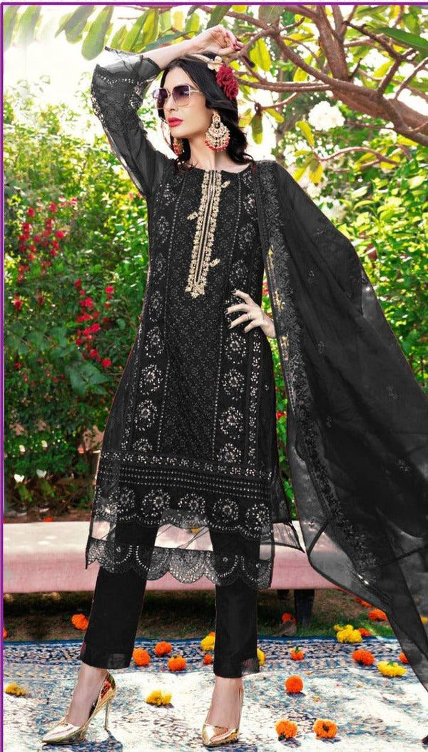 Black Organza Embroidery Anarkali With Dupatta Set - Indiakreations