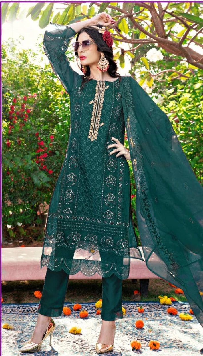 Teal Organza Embroidery Anarkali With Dupatta Set - Indiakreations