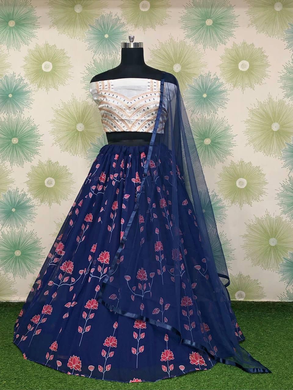 Navy Blue Floral Georgette Silk Lehenga Choli - Indiakreations