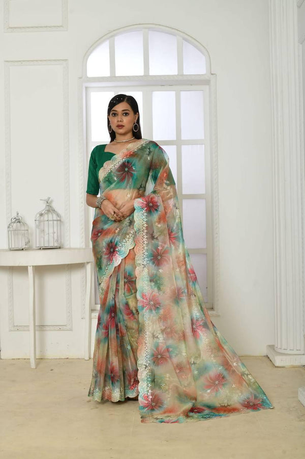 Green Tie & Dye Organza Silk Embroidery Saree - Indiakreations