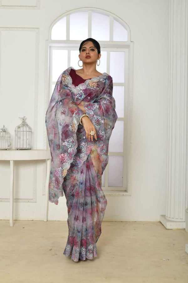 Purple Tie & Dye Organza Silk Embroidery Saree - Indiakreations