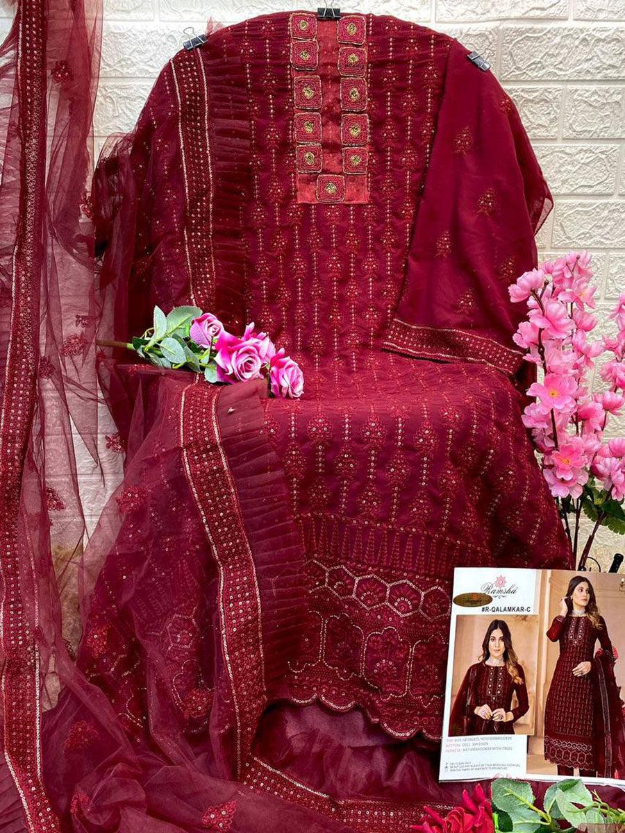 Dark Red Georgette Embroidery Anarkali with Dupatta Set - Indiakreations