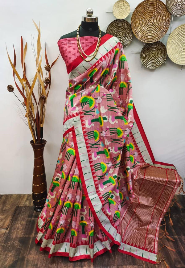 Deep Pink Quirky Tusser Silk Saree - Indiakreations