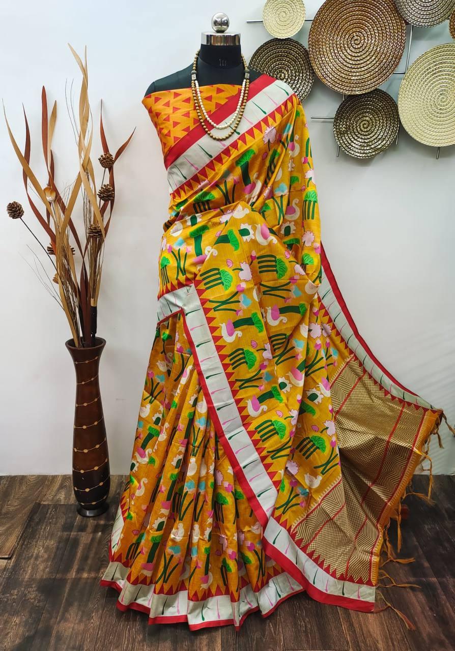 Yellow Quirky Tusser Silk Saree - Indiakreations