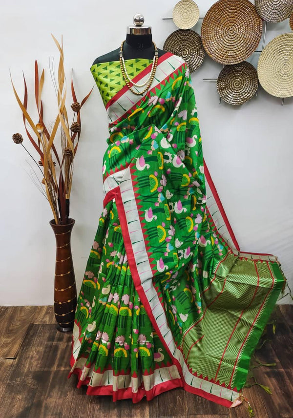 Green Quirky Tusser Silk Saree - Indiakreations