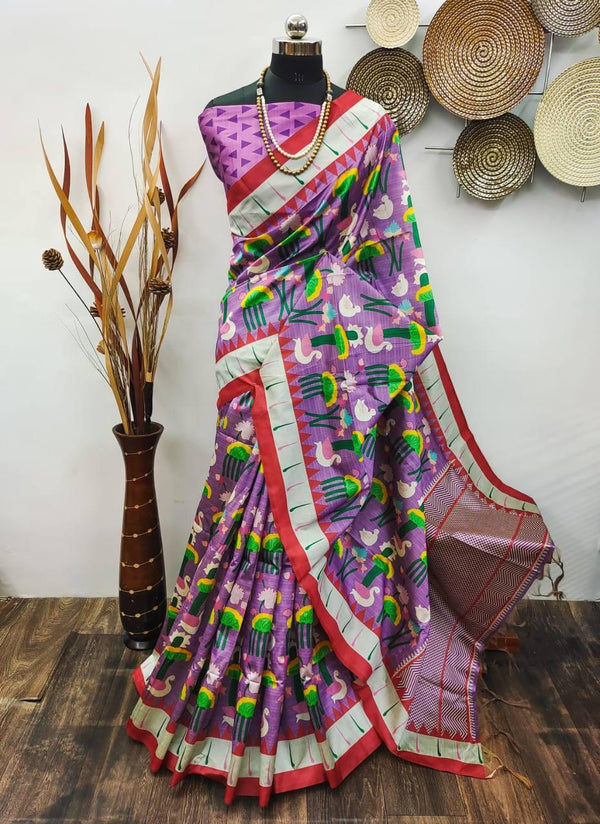 Iris Purple Quirky Tusser Silk Saree - Indiakreations