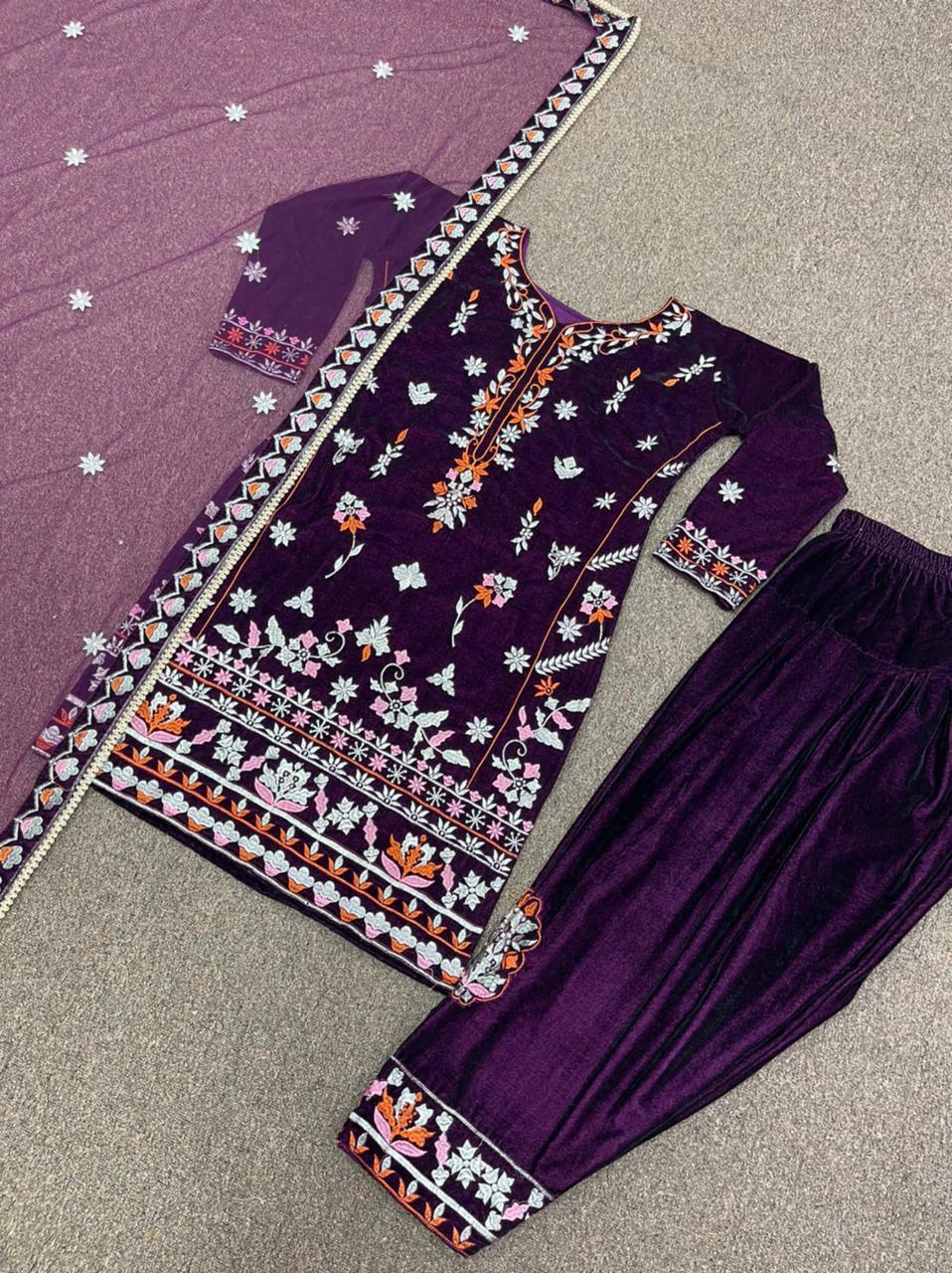 Purple Velvet Embroidery Salwar Suit with Dupatta - Indiakreations