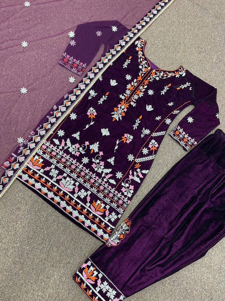 Purple Velvet Embroidery Salwar Suit with Dupatta - Indiakreations