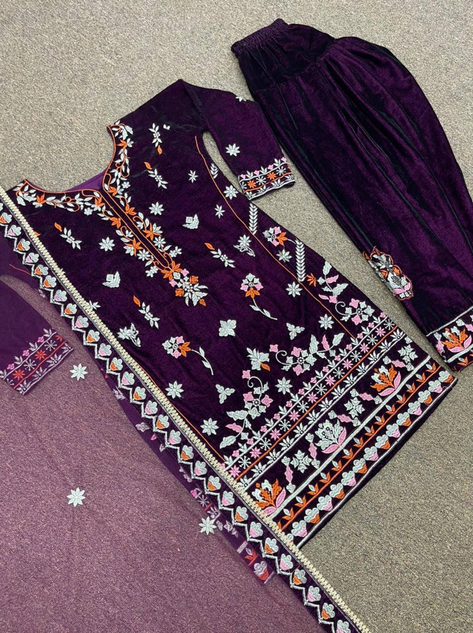 Purple Velvet Embroidery Salwar Suit with Dupatta - Indiakreations