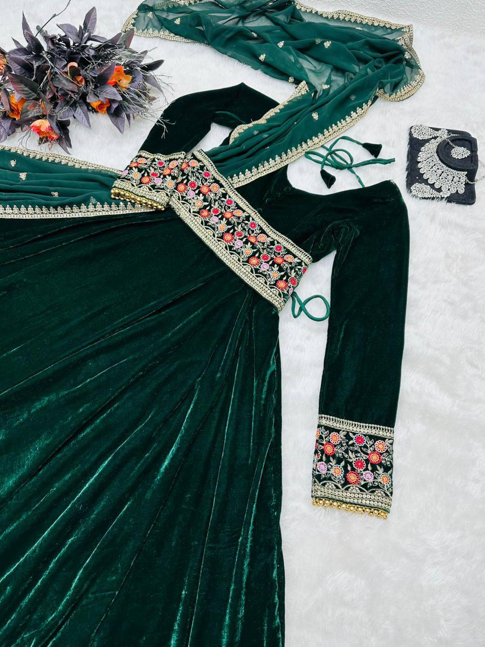 Teal Green Velvet Embroidery Salwar Suit with Dupatta - Indiakreations