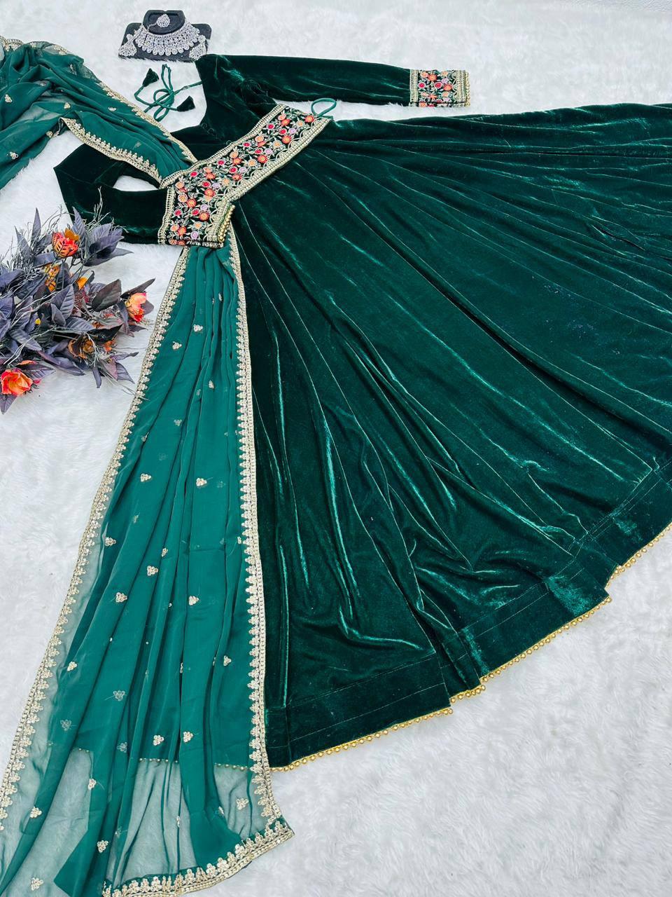 Teal Green Velvet Embroidery Salwar Suit with Dupatta - Indiakreations